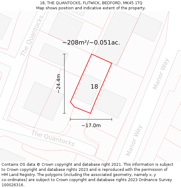 18, THE QUANTOCKS, FLITWICK, BEDFORD, MK45 1TQ: Plot and title map