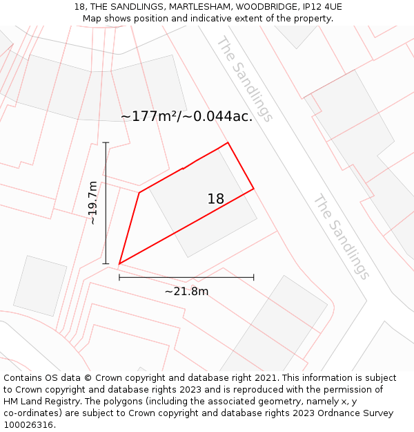 18, THE SANDLINGS, MARTLESHAM, WOODBRIDGE, IP12 4UE: Plot and title map