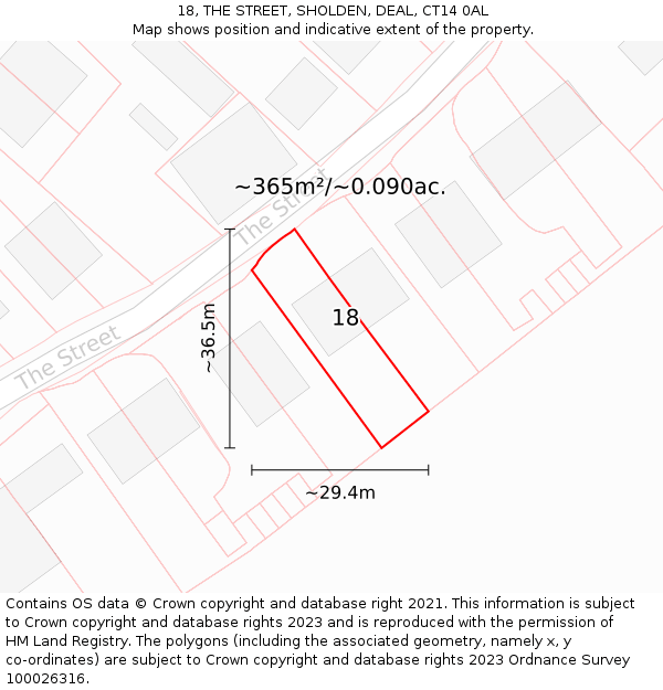 18, THE STREET, SHOLDEN, DEAL, CT14 0AL: Plot and title map
