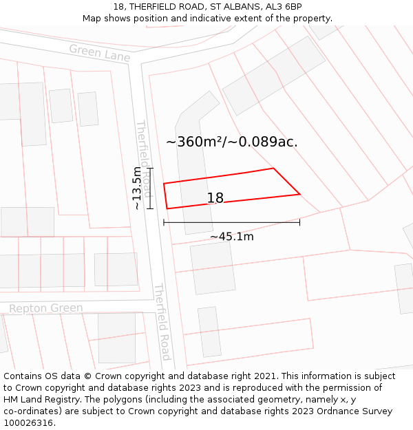 18, THERFIELD ROAD, ST ALBANS, AL3 6BP: Plot and title map