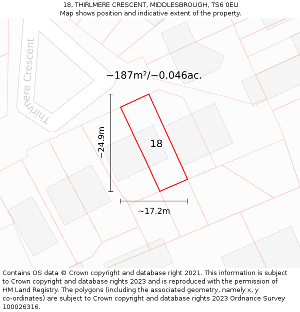 18, THIRLMERE CRESCENT, MIDDLESBROUGH, TS6 0EU: Plot and title map