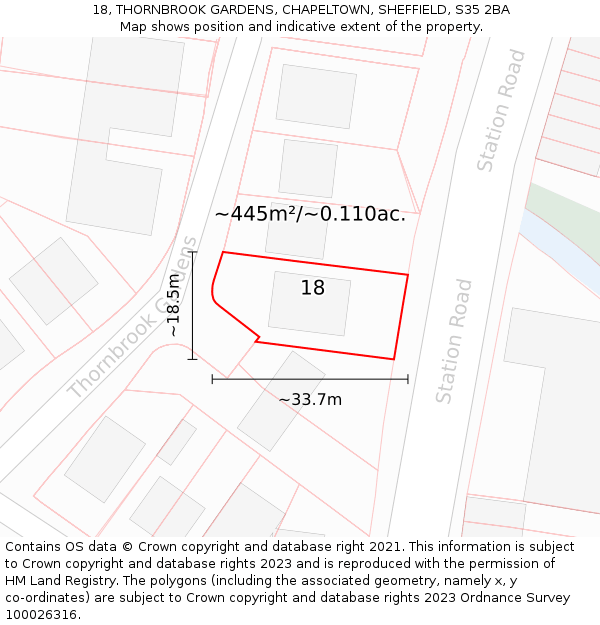 18, THORNBROOK GARDENS, CHAPELTOWN, SHEFFIELD, S35 2BA: Plot and title map