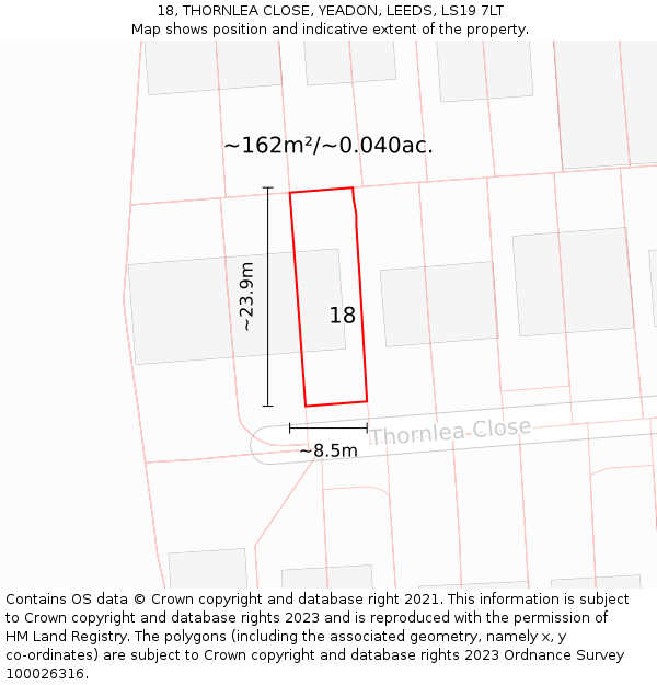 18, THORNLEA CLOSE, YEADON, LEEDS, LS19 7LT: Plot and title map