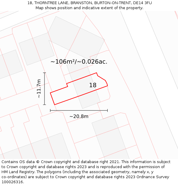 18, THORNTREE LANE, BRANSTON, BURTON-ON-TRENT, DE14 3FU: Plot and title map
