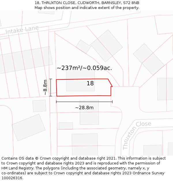 18, THRUXTON CLOSE, CUDWORTH, BARNSLEY, S72 8NB: Plot and title map