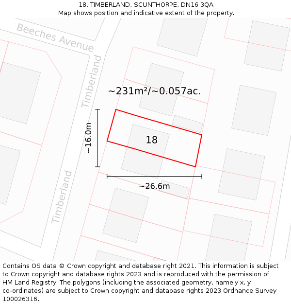 18, TIMBERLAND, SCUNTHORPE, DN16 3QA: Plot and title map