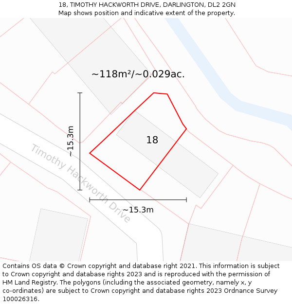 18, TIMOTHY HACKWORTH DRIVE, DARLINGTON, DL2 2GN: Plot and title map