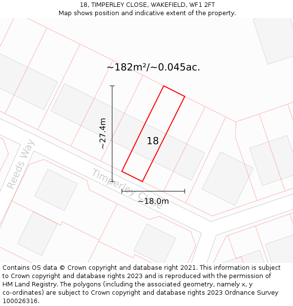 18, TIMPERLEY CLOSE, WAKEFIELD, WF1 2FT: Plot and title map