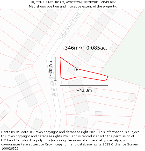18, TITHE BARN ROAD, WOOTTON, BEDFORD, MK43 9EY: Plot and title map