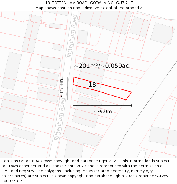 18, TOTTENHAM ROAD, GODALMING, GU7 2HT: Plot and title map