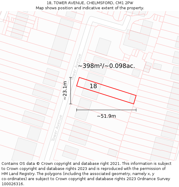 18, TOWER AVENUE, CHELMSFORD, CM1 2PW: Plot and title map