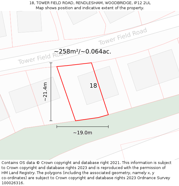 18, TOWER FIELD ROAD, RENDLESHAM, WOODBRIDGE, IP12 2UL: Plot and title map