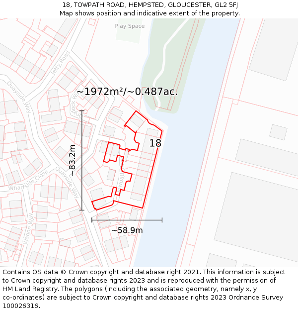 18, TOWPATH ROAD, HEMPSTED, GLOUCESTER, GL2 5FJ: Plot and title map