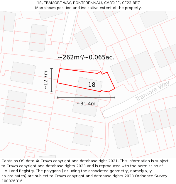 18, TRAMORE WAY, PONTPRENNAU, CARDIFF, CF23 8PZ: Plot and title map
