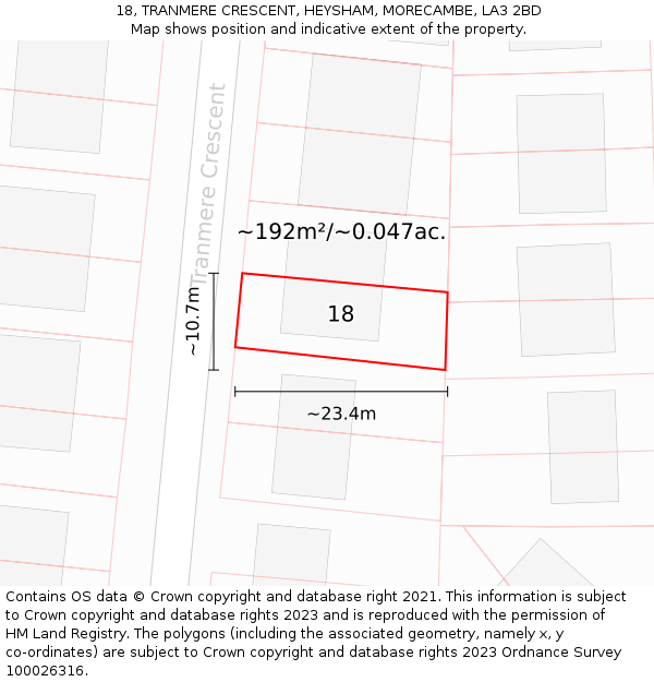 18, TRANMERE CRESCENT, HEYSHAM, MORECAMBE, LA3 2BD: Plot and title map
