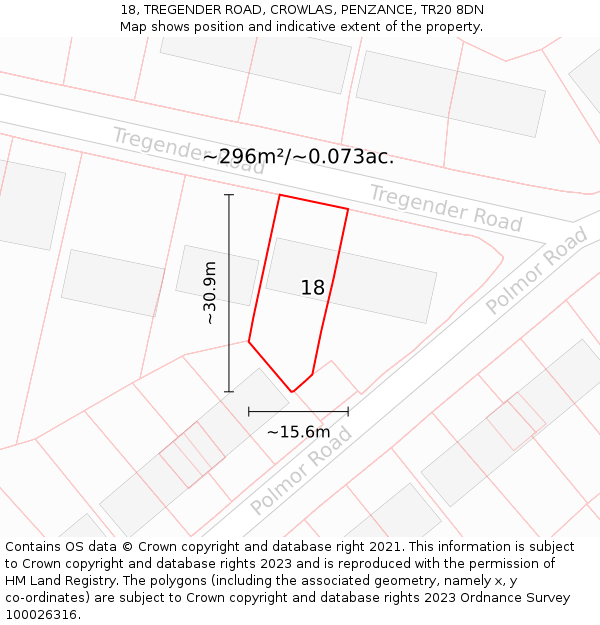 18, TREGENDER ROAD, CROWLAS, PENZANCE, TR20 8DN: Plot and title map