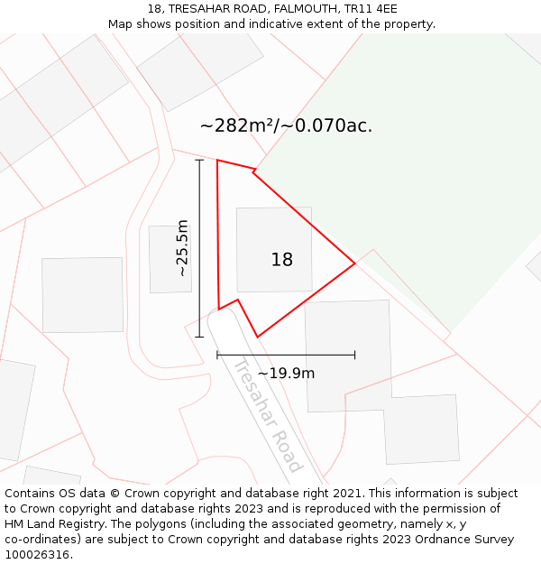 18, TRESAHAR ROAD, FALMOUTH, TR11 4EE: Plot and title map