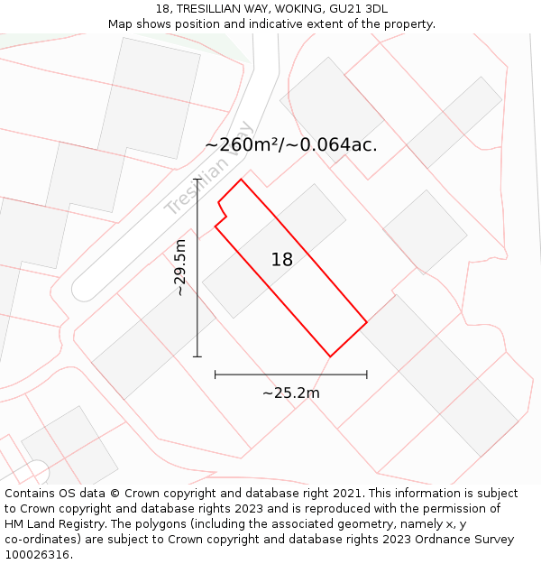 18, TRESILLIAN WAY, WOKING, GU21 3DL: Plot and title map