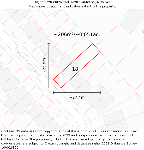 18, TREVOR CRESCENT, NORTHAMPTON, NN5 5PF: Plot and title map