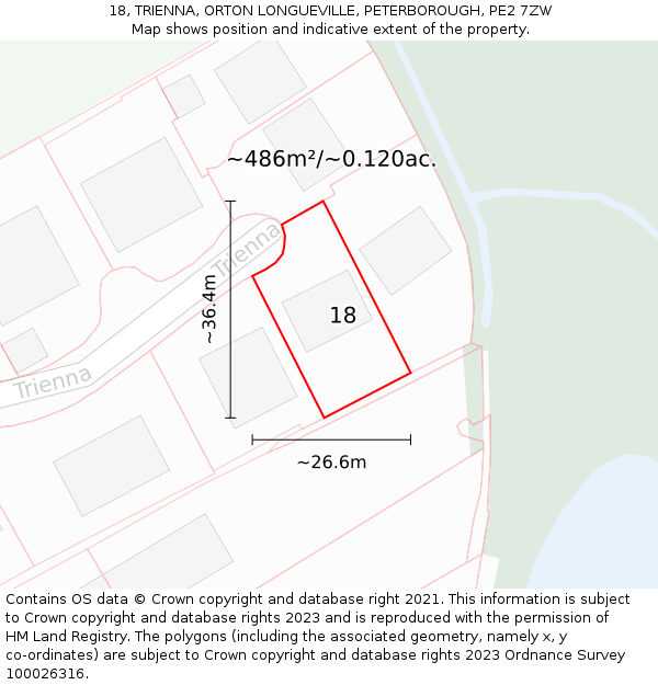 18, TRIENNA, ORTON LONGUEVILLE, PETERBOROUGH, PE2 7ZW: Plot and title map