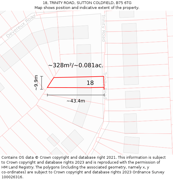 18, TRINITY ROAD, SUTTON COLDFIELD, B75 6TG: Plot and title map