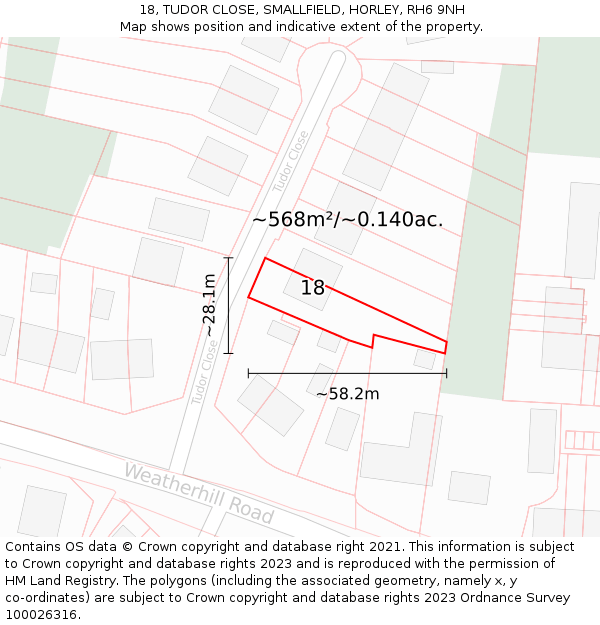 18, TUDOR CLOSE, SMALLFIELD, HORLEY, RH6 9NH: Plot and title map