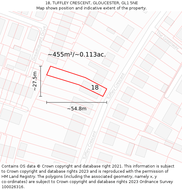 18, TUFFLEY CRESCENT, GLOUCESTER, GL1 5NE: Plot and title map
