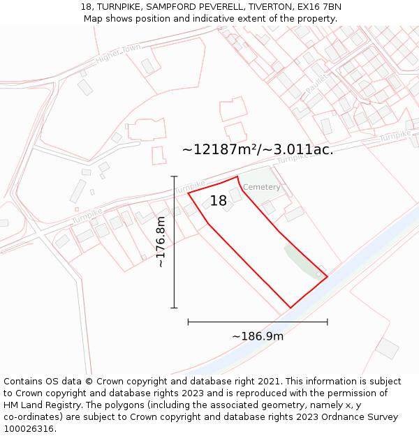 18, TURNPIKE, SAMPFORD PEVERELL, TIVERTON, EX16 7BN: Plot and title map