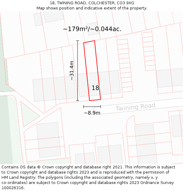 18, TWINING ROAD, COLCHESTER, CO3 9XG: Plot and title map