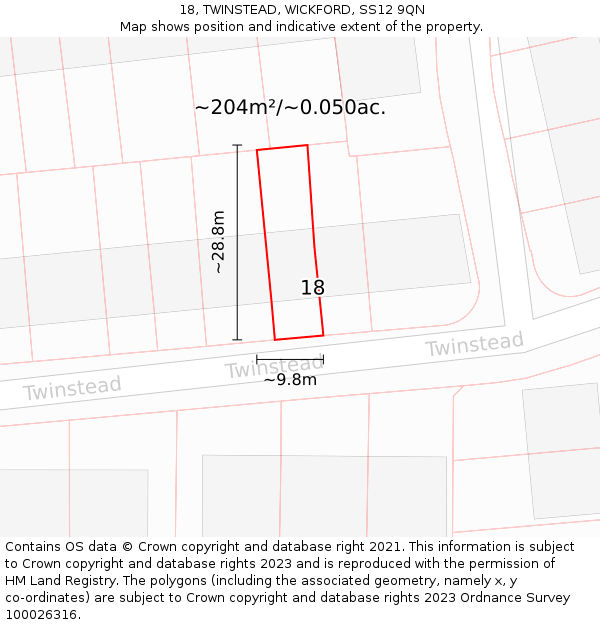 18, TWINSTEAD, WICKFORD, SS12 9QN: Plot and title map