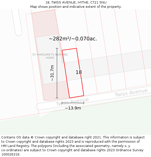 18, TWISS AVENUE, HYTHE, CT21 5NU: Plot and title map