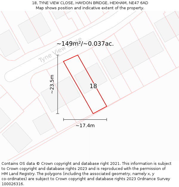 18, TYNE VIEW CLOSE, HAYDON BRIDGE, HEXHAM, NE47 6AD: Plot and title map