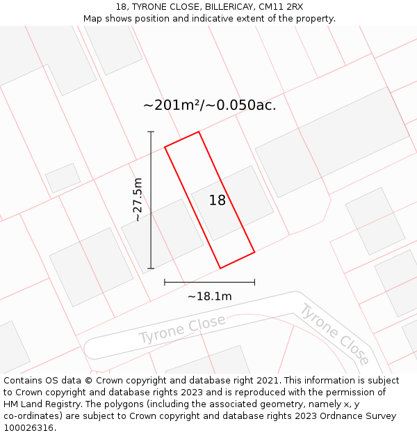 18, TYRONE CLOSE, BILLERICAY, CM11 2RX: Plot and title map
