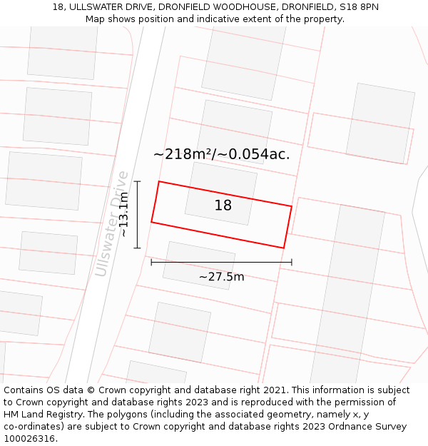 18, ULLSWATER DRIVE, DRONFIELD WOODHOUSE, DRONFIELD, S18 8PN: Plot and title map