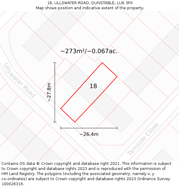 18, ULLSWATER ROAD, DUNSTABLE, LU6 3PX: Plot and title map