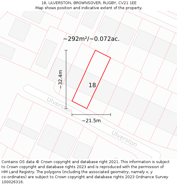 18, ULVERSTON, BROWNSOVER, RUGBY, CV21 1EE: Plot and title map