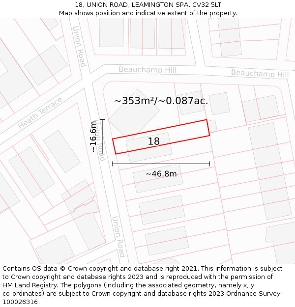 18, UNION ROAD, LEAMINGTON SPA, CV32 5LT: Plot and title map