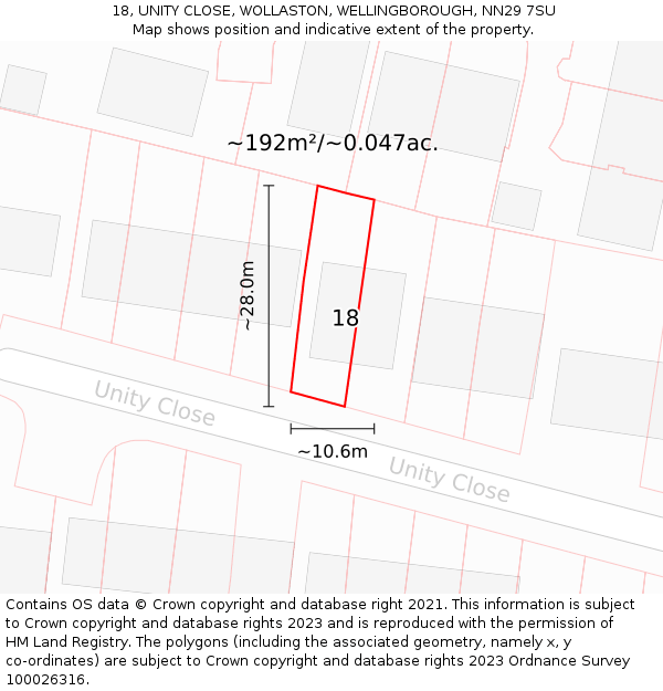 18, UNITY CLOSE, WOLLASTON, WELLINGBOROUGH, NN29 7SU: Plot and title map