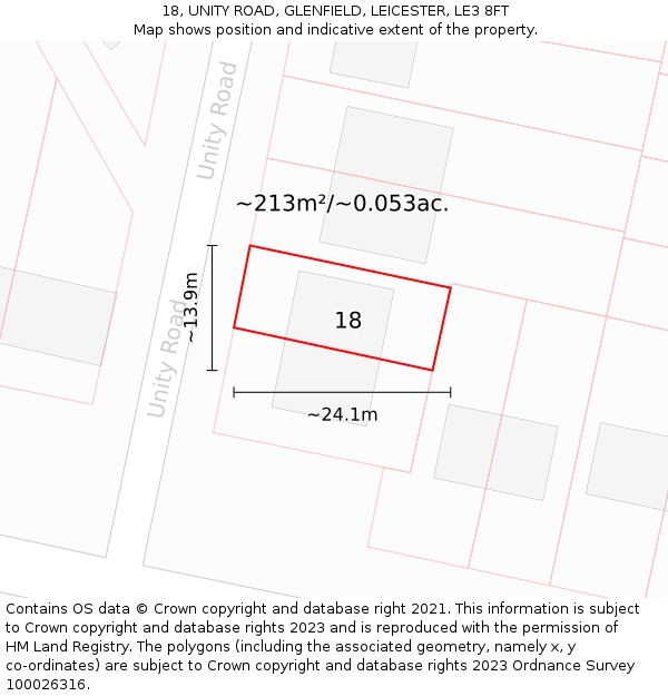 18, UNITY ROAD, GLENFIELD, LEICESTER, LE3 8FT: Plot and title map