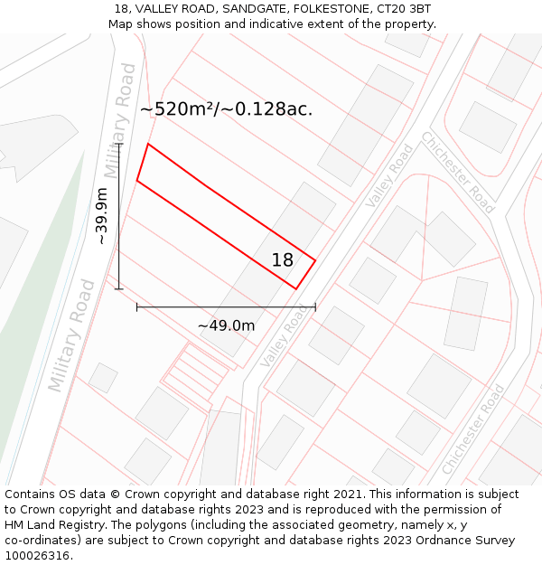 18, VALLEY ROAD, SANDGATE, FOLKESTONE, CT20 3BT: Plot and title map