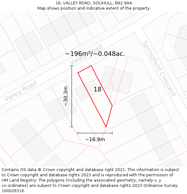 18, VALLEY ROAD, SOLIHULL, B92 9AA: Plot and title map