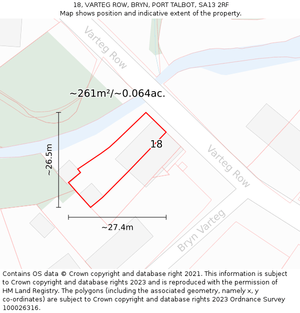 18, VARTEG ROW, BRYN, PORT TALBOT, SA13 2RF: Plot and title map