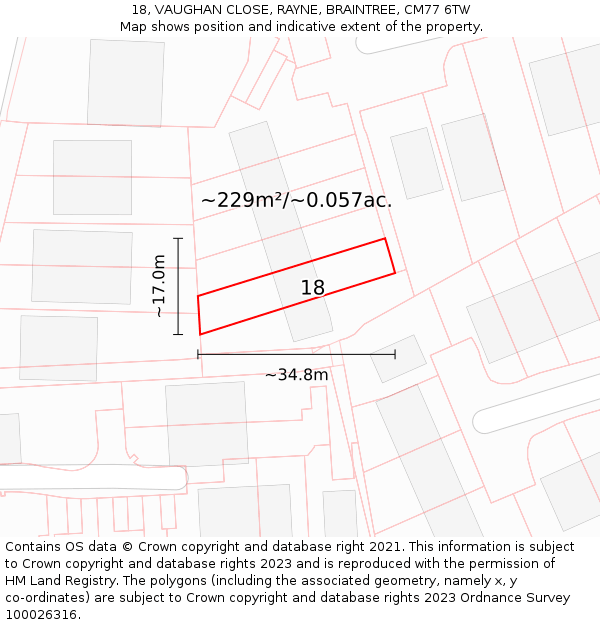 18, VAUGHAN CLOSE, RAYNE, BRAINTREE, CM77 6TW: Plot and title map