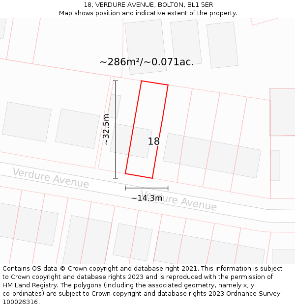 18, VERDURE AVENUE, BOLTON, BL1 5ER: Plot and title map