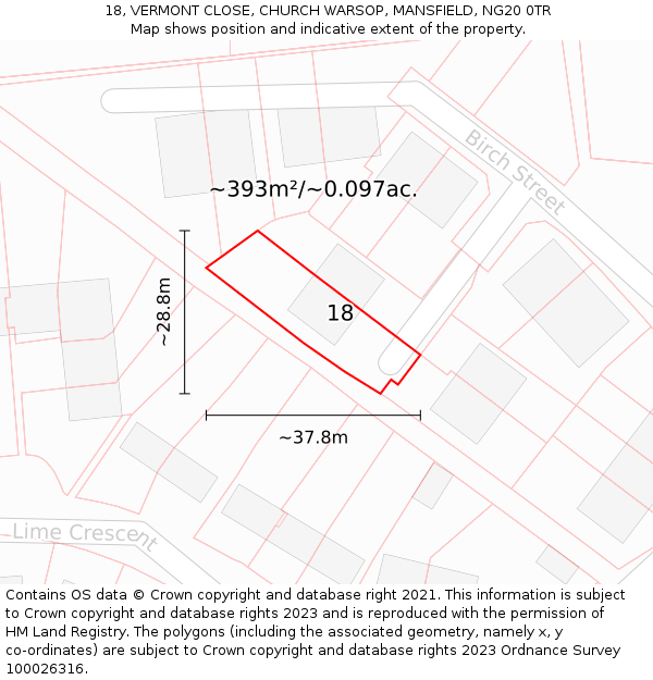 18, VERMONT CLOSE, CHURCH WARSOP, MANSFIELD, NG20 0TR: Plot and title map