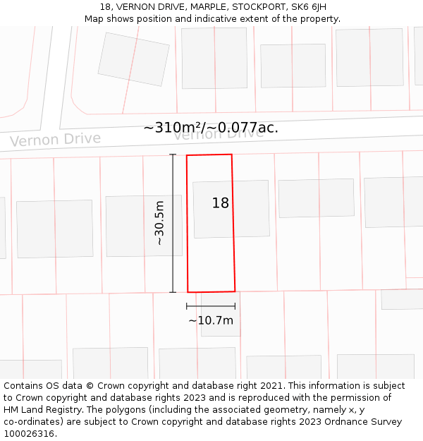 18, VERNON DRIVE, MARPLE, STOCKPORT, SK6 6JH: Plot and title map