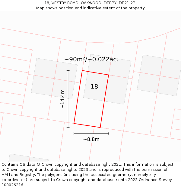 18, VESTRY ROAD, OAKWOOD, DERBY, DE21 2BL: Plot and title map