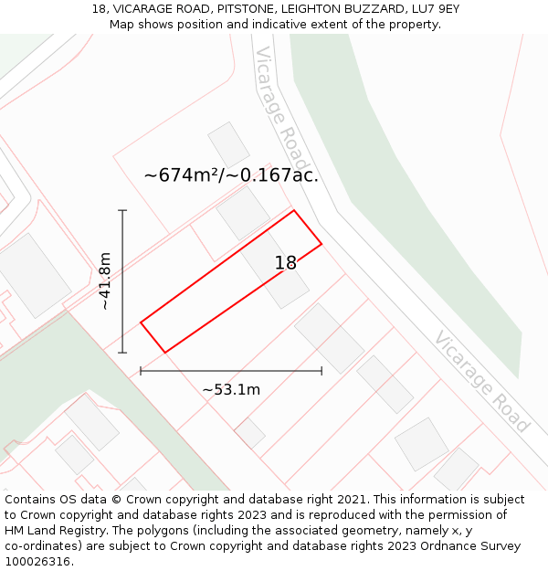 18, VICARAGE ROAD, PITSTONE, LEIGHTON BUZZARD, LU7 9EY: Plot and title map