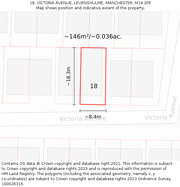 18, VICTORIA AVENUE, LEVENSHULME, MANCHESTER, M19 2PE: Plot and title map