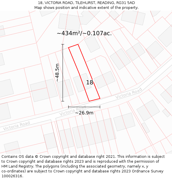 18, VICTORIA ROAD, TILEHURST, READING, RG31 5AD: Plot and title map